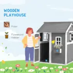 Kids' Wooden Playhouse, Outdoor with Floors, Doors, Windows, Planter Box for Ages 3-8, Backyard or Garden - Image 4