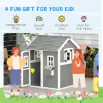 Kids' Wooden Playhouse, Outdoor with Floors, Doors, Windows, Planter Box for Ages 3-8, Backyard or Garden - Image 6
