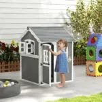 Kids' Wooden Playhouse, Outdoor with Floors, Doors, Windows, Planter Box for Ages 3-8, Backyard or Garden - Image 10