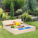 Kids Wooden Sandbox with Convertible Bench Seat, 2 Side Buckets, Waterproof Cover, and Storage Space - Image 2