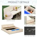 Kids Wooden Sandbox with Convertible Bench Seat, 2 Side Buckets, Waterproof Cover, and Storage Space - Image 7