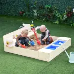 Kids Wooden Sandbox with Convertible Bench Seat, 2 Side Buckets, Waterproof Cover, and Storage Space - Image 10