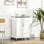 HOMCOM Kitchen Cart on Wheels, White, with Stainless Steel Countertop, Drawer, Towel and Spice Rack - Image 2