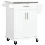 HOMCOM Kitchen Cart on Wheels, White, with Stainless Steel Countertop, Drawer, Towel and Spice Rack