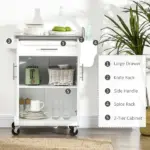 HOMCOM Kitchen Cart on Wheels, White, with Stainless Steel Countertop, Drawer, Towel and Spice Rack - Image 4