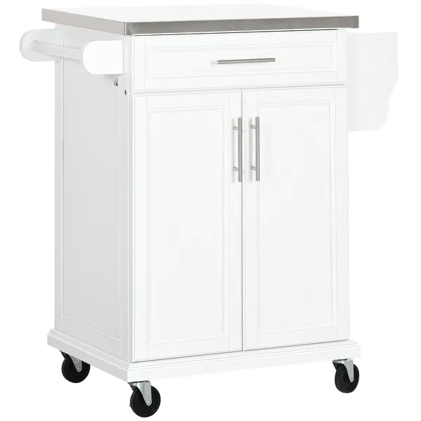 kitchen-cart-on-wheels-white-with-stainless-steel-countertop-drawer-towel-spice-rack.webp HOMCOM Kitchen Cart on Wheels, White, with Stainless Steel Countertop, Drawer, Towel and Spice Rack - Image 1