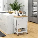 HOMCOM Kitchen Cart, White, Rolling Island with Rubberwood Top, Drawer, Wine Rack, Cabinet on Wheels - Image 2