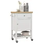 HOMCOM Kitchen Cart, White, Rolling Island with Rubberwood Top, Drawer, Wine Rack, Cabinet on Wheels - Image 11