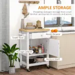 HOMCOM Kitchen Cart, White, Rolling Island with Rubberwood Top, Drawer, Wine Rack, Cabinet on Wheels - Image 4