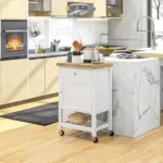 HOMCOM Kitchen Cart, White, Rolling Island with Rubberwood Top, Drawer, Wine Rack, Cabinet on Wheels - Image 7