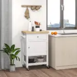 HOMCOM Kitchen Cart, White, Rolling Island with Rubberwood Top, Drawer, Wine Rack, Cabinet on Wheels - Image 10