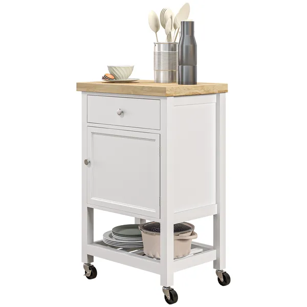 kitchen-cart-white-rolling-island-with-rubberwood-top-drawer-wine-rack-cabinet-on-wheels.webp HOMCOM Kitchen Cart, White, Rolling Island with Rubberwood Top, Drawer, Wine Rack, Cabinet on Wheels - Image 1