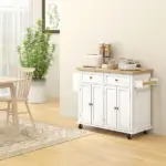 HOMCOM Kitchen Island Cart, White, Rubberwood Top, Spice/Towel Rack, Storage Drawers, Rolling Dining Room Storage - Image 2
