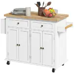 HOMCOM Kitchen Island Cart, White, Rubberwood Top, Spice/Towel Rack, Storage Drawers, Rolling Dining Room Storage