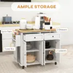 HOMCOM Kitchen Island Cart, White, Rubberwood Top, Spice/Towel Rack, Storage Drawers, Rolling Dining Room Storage - Image 4