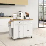 HOMCOM Kitchen Island Cart, White, Rubberwood Top, Spice/Towel Rack, Storage Drawers, Rolling Dining Room Storage - Image 10
