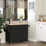 HOMCOM Kitchen Island Cart with Rubber Wood Top, Rolling Kitchen Island Table on Wheels with Drawers, Adjustable Shelves - Image 2