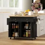 HOMCOM Kitchen Island Cart with Rubber Wood Top, Rolling Kitchen Island Table on Wheels with Drawers, Adjustable Shelves - Image 8