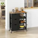 HOMCOM Kitchen Island on Wheels, Black, with Wood Top, Shelves and Drawers - Image 2