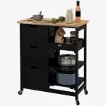 HOMCOM Kitchen Island on Wheels, Black, with Wood Top, Shelves and Drawers