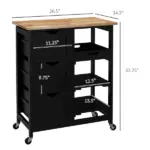HOMCOM Kitchen Island on Wheels, Black, with Wood Top, Shelves and Drawers - Image 3