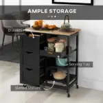 HOMCOM Kitchen Island on Wheels, Black, with Wood Top, Shelves and Drawers - Image 4