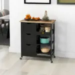 HOMCOM Kitchen Island on Wheels, Black, with Wood Top, Shelves and Drawers - Image 10