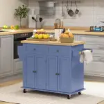 HOMCOM Kitchen Island on Wheels, Rolling Cart with Rubberwood Top, Spice Rack, Towel Rack and Drawers, Navy Blue - Image 2