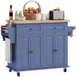 HOMCOM Kitchen Island on Wheels, Rolling Cart with Rubberwood Top, Spice Rack, Towel Rack and Drawers, Navy Blue - Image 11