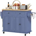 HOMCOM Kitchen Island on Wheels, Rolling Cart with Rubberwood Top, Spice Rack, Towel Rack and Drawers, Navy Blue
