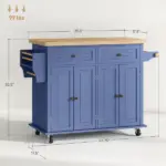 HOMCOM Kitchen Island on Wheels, Rolling Cart with Rubberwood Top, Spice Rack, Towel Rack and Drawers, Navy Blue - Image 3
