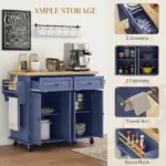 HOMCOM Kitchen Island on Wheels, Rolling Cart with Rubberwood Top, Spice Rack, Towel Rack and Drawers, Navy Blue - Image 6