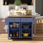 HOMCOM Kitchen Island on Wheels, Rolling Cart with Rubberwood Top, Spice Rack, Towel Rack and Drawers, Navy Blue - Image 8