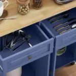HOMCOM Kitchen Island on Wheels, Rolling Cart with Rubberwood Top, Spice Rack, Towel Rack and Drawers, Navy Blue - Image 9