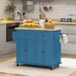 HOMCOM Kitchen Island on Wheels, Rolling Cart with Rubberwood Top, Spice Rack, Towel Rack and Drawers, Turquoise - Image 2