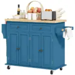HOMCOM Kitchen Island on Wheels, Rolling Cart with Rubberwood Top, Spice Rack, Towel Rack and Drawers, Turquoise
