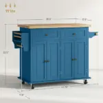 HOMCOM Kitchen Island on Wheels, Rolling Cart with Rubberwood Top, Spice Rack, Towel Rack and Drawers, Turquoise - Image 3
