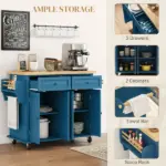HOMCOM Kitchen Island on Wheels, Rolling Cart with Rubberwood Top, Spice Rack, Towel Rack and Drawers, Turquoise - Image 6