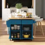HOMCOM Kitchen Island on Wheels, Rolling Cart with Rubberwood Top, Spice Rack, Towel Rack and Drawers, Turquoise - Image 8