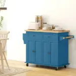 HOMCOM Kitchen Island on Wheels, Rolling Cart with Rubberwood Top, Spice Rack, Towel Rack and Drawers, Turquoise - Image 10