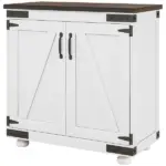 Kitchen Sideboard, Buffet Cabinet with Barn Door, Adjustable Shelf, Distressed White and Brown