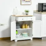 Kitchen Storage Cabinet, Sideboard Floor Cupboard with Solid Wood Top, Adjustable Shelf and 2 Drawers for Living Room, Hallway, White - Image 8