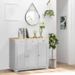 Kitchen Storage Cabinet, Sideboard Floor Cupboard with Solid Wood Top, Adjustable Shelf, and 3 Drawers, Gray - Image 2