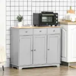 Kitchen Storage Cabinet, Sideboard Floor Cupboard with Solid Wood Top, Adjustable Shelf, and 3 Drawers, Gray - Image 10