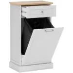 HOMCOM Kitchen Tilt Out Trash Bin Cabinet, White, Free Standing Recycling Can Holder with Drawer