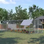 PawHut Large Chicken Coop Metal Chicken Run with Waterproof and UV-Resistant Cover, Flat Shaped Walk in Fence Cage Hen House - Image 10