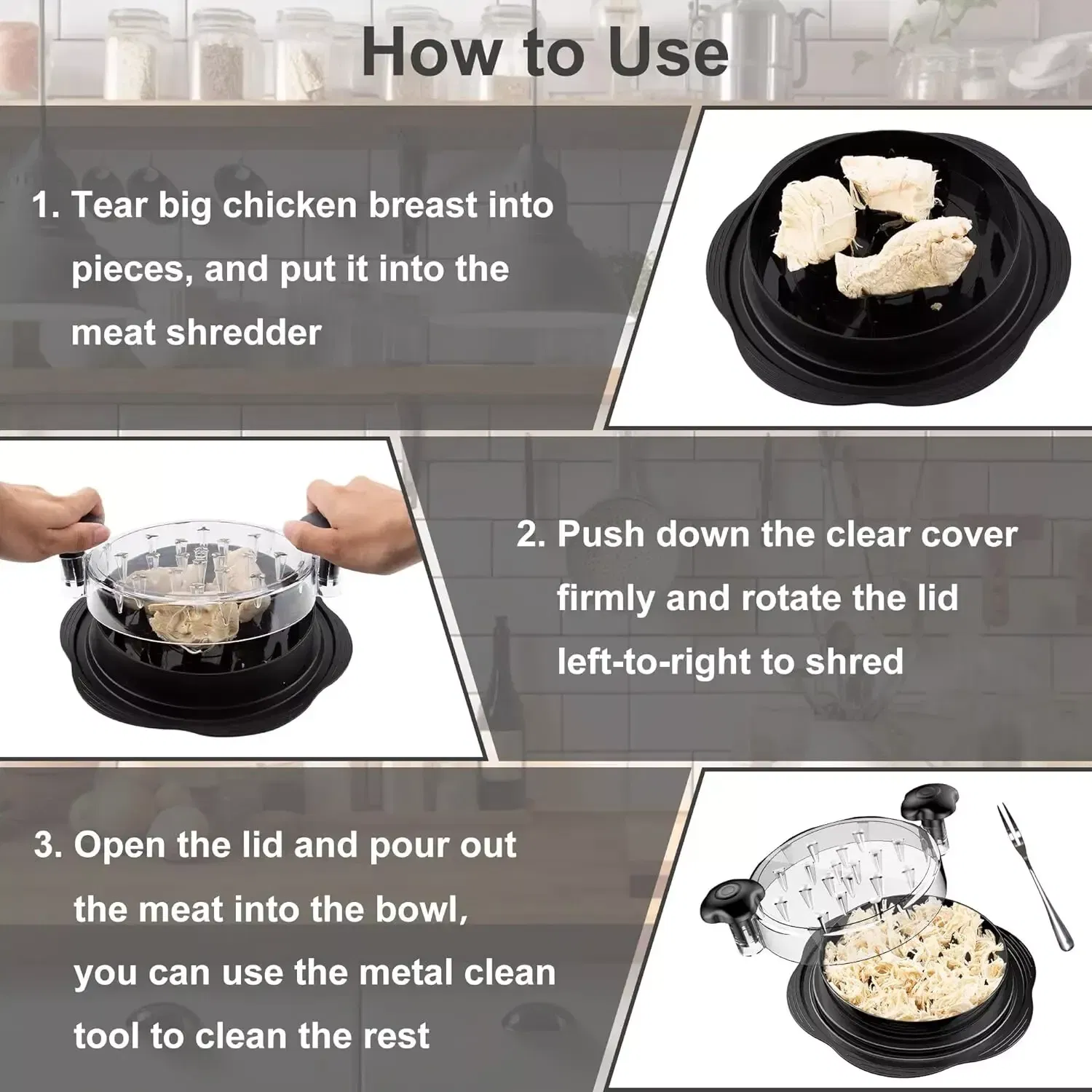 Large Manual Chicken Shredder Tool with Twist Handle and Non Slip Base BPA Free
