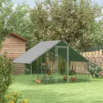 Large Metal Chicken Coop Walk-in Poultry Cage with Cover Lockable Door Outdoor Galvanized Silver - Image 9