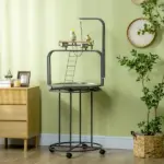 PawHut Large Parrot Stand Bird Perch with Toy Hook 3 Ladders Wooden Gray - Image 2