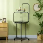PawHut Large Parrot Stand Bird Perch with Toy Hook 3 Ladders Wooden Gray - Image 8